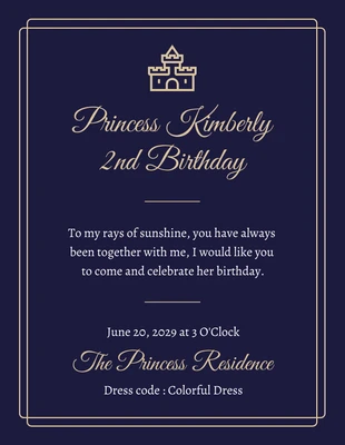 Free  Template: Marineblau und Gold Modern Minimalistisch Luxus Prinzessin Geburtstagseinladung
