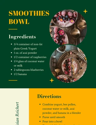 business  Template: Cartes de recettes de bol de smoothies modernes verts et jaunes