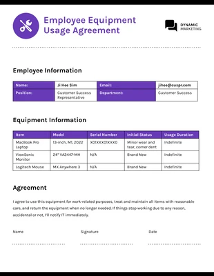 premium  Template: Purple Single Page Employee Equipment Usage Agreement