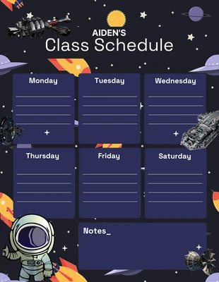 Free  Template: قالب جدول الفصل الدراسي ذو موضوع سفينة الفضاء المظلمة
