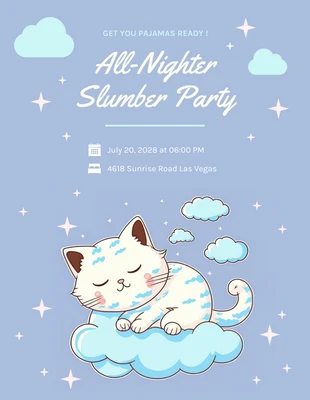 Free  Template: Convite para festa do pijama em azul e branco com uma ilustração fofa de um gato sonhando