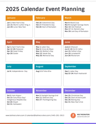 Free  Template: Modèle de calendrier d'événements et de travail sur une seule page 2025