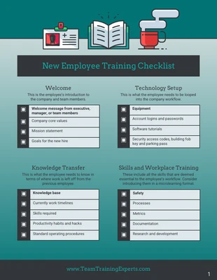 Free  Template: Plantilla de lista de control para la formación de nuevos empleados