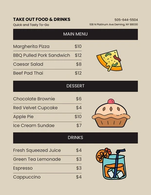Free  Template: Cream and black simple take out food drinks menu