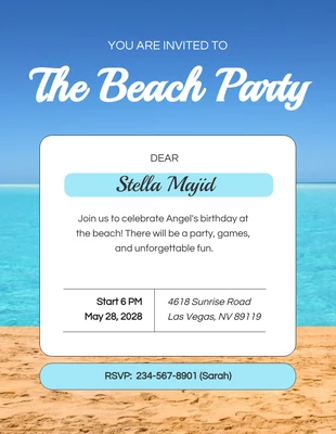 Free  Template: Blue Ocean Picture Beach Birthday Invitation