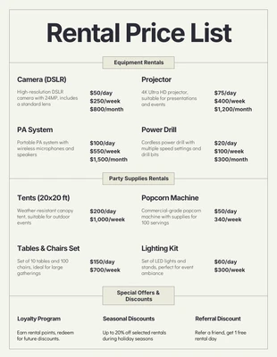 Free  Template: Plantilla de lista de precios de alquiler