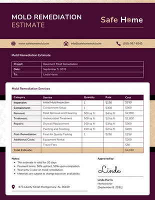 Free  Template: Modèle d'estimation de l'assainissement des moisissures