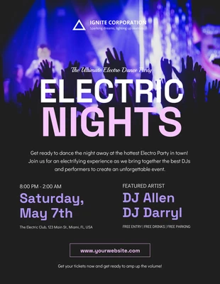 Free  Template: Poster per la festa Electric Nights nero e blu viola