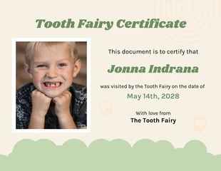 Free  Template: Ilustração divertida amarela clara e verde moderna Certificado de fada do dente