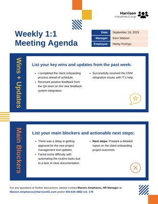 premium  Template: Modelo de agenda de reunião semanal 1:1