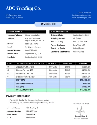 Free  Template: Modern Simple Royal Blue Commercial Invoice