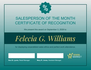 Free  Template: Teal Sales Employee Recognition Certificate