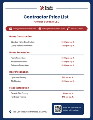 Free interactive Template: Modelo de lista de preços para empreiteiros