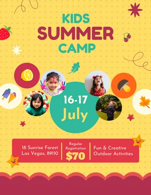 Free  Template: قالب المعسكر الصيفي للأطفال باللون الأحمر والأصفر