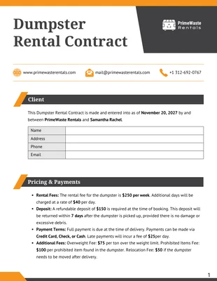 Free  Template: Dumpster Rental Contract Template