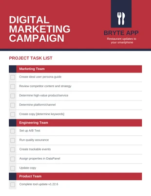 premium  Template: Liste de contrôle du travail du projet de marketing numérique
