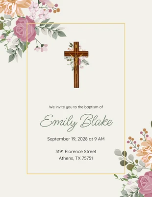 Free  Template: Elegant Floral Gold and Green Baptism Invitation
