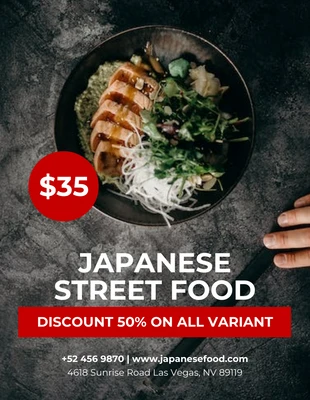 Free  Template: نشرة طعام الشارع اليابانية باللونين الرمادي والأحمر