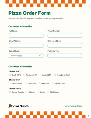 Free interactive Template: Vorlage für ein Pizza-Bestellformular