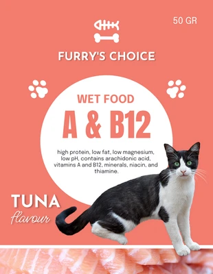 premium  Template: Rótulo de produto para comida de gato brincalhão pêssego