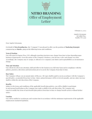 Carta de oferta de empleo en una empresa ligera