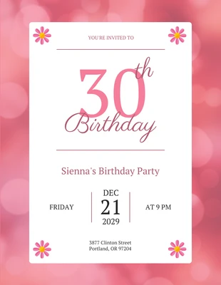 Free  Template: Carta de invitación rosa brillante para fiesta de cumpleaños número 30