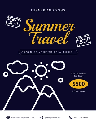Free  Template: ملصق السفر الصيفي الجمالي الحديث باللونين الأزرق الداكن والأصفر