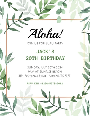 Free  Template: Weiß und Grün Luxus Elegante Illustration Blatt Luau Party-Einladung