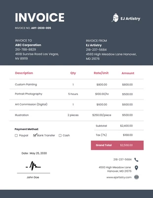 business  Template: Dark Grey and Pink Artist Invoice