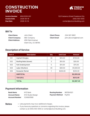 Free  Template: Modern Clean Burgundy Construction Invoice