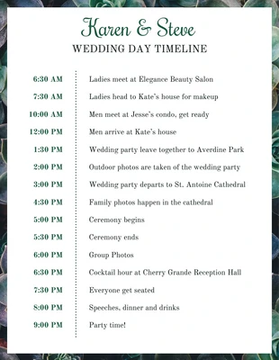 Free  Template: Plant Photo Wedding Day Timeline