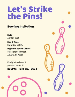 Free  Template: Invitation simple au bowling violet crème