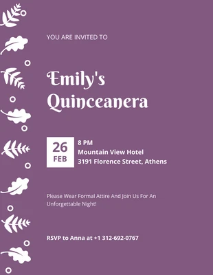 Free  Template: Purple And White Leaves Quinceanera Invitation