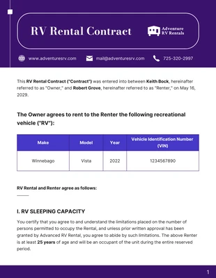 Free  Template: RV Rental Contract Template