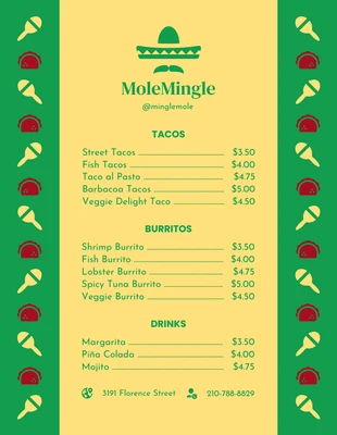 Free  Template: Menu mexicano minimalista amarelo e verde