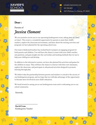 Invitación con membrete de flor amarilla para padres de alumnos de guardería