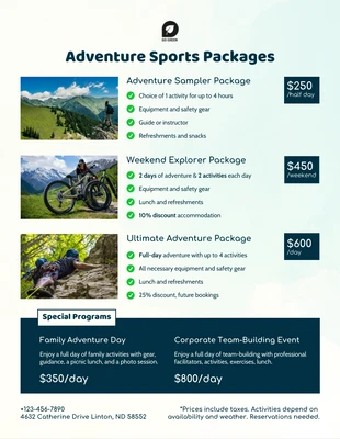 premium  Template: Plantilla de precios para deportes de aventura al aire libre