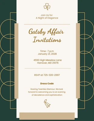 Free  Template: Invitation Gatsby élégante en or vert et jaune