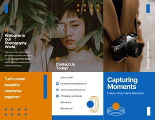 premium  Template: كتيب التصوير الفوتوغرافي الحديث باللونين البرتقالي والأزرق ثلاثي الطي