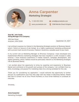 Free  Template: Carta de Apresentação de Estrategista de Marketing Minimalista Branco e Bege