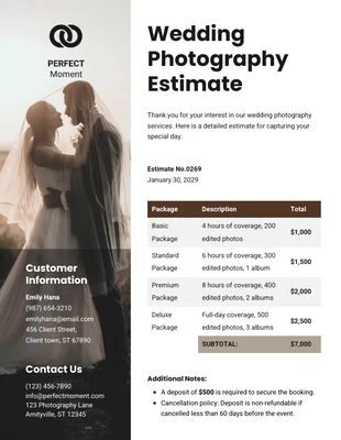 Free  Template: Kostenvoranschlagsvorlage für Hochzeitsfotografie