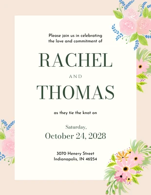 Free  Template: Biglietto per il ricevimento di nozze con fiori color pesca e crema