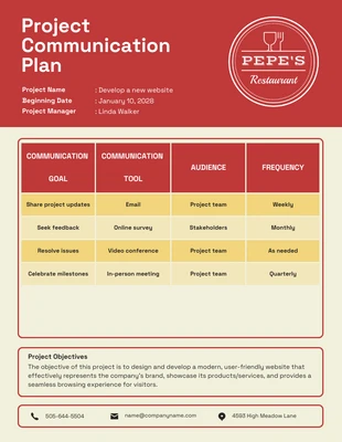 Free  Template: Kommunikationsplan für das Projekt „Rotes und Gelbes Restaurant“.