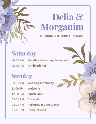 Free  Template: Modelo de itinerário de cerimônia de casamento floral moderno em roxo claro