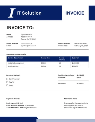 business  Template: Minimalist Clean White and Blue IT Solution Freelance Invoice