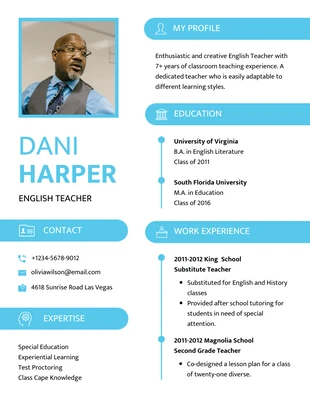 White And Blue Professional Simple English Teacher Resume