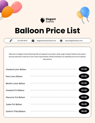 Free  Template: Modèle de liste de prix des ballons