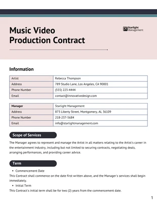 Free  Template: Music Video Production Contract Template