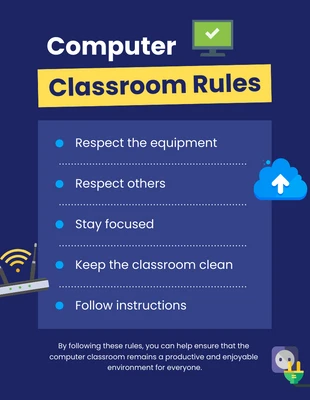 Affiche bleu foncé du règlement de la salle de classe d'informatique