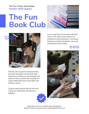 Free  Template: White And Blue Simple Fun Book Club Boletín de eventos